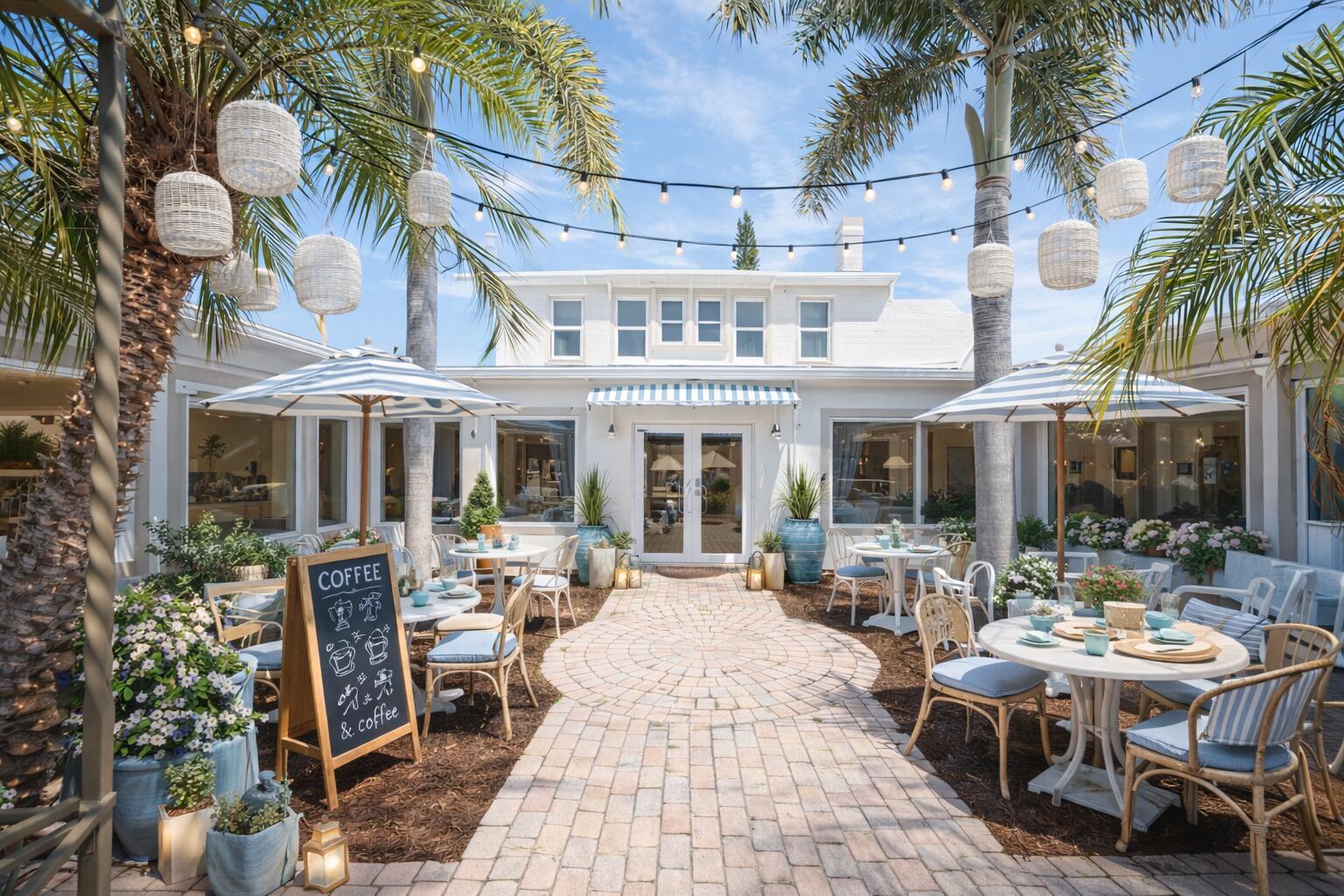 An outdoor patio with brick pavers, cafe tables, umbrellas, and string lights in front of a building — 3600 Broadway, West Palm Beach FL 33407, WEST PALM BEACH, FL
