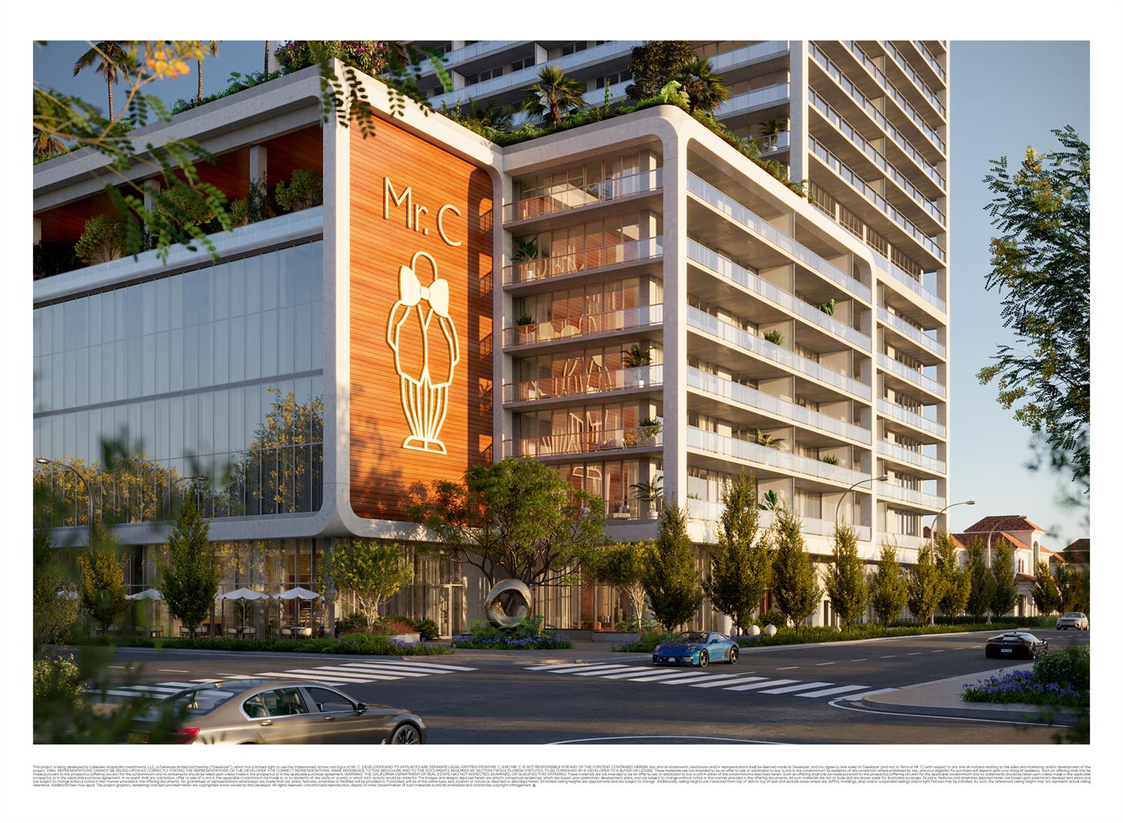 A digital architectural rendering shows the exterior of a modern multi-story building with wood paneling — 383 Okeechobee Boulevard # 1801, West Palm Beach FL 33401, WEST PALM BEACH, FL
