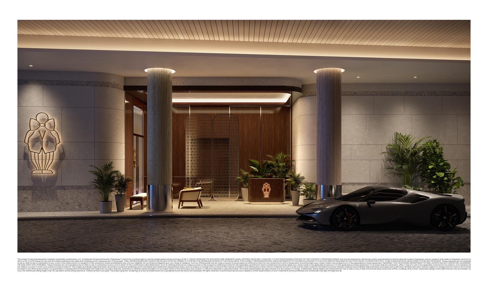 This architectural rendering shows a modern building entrance with two columns, a sports car, and plants — 383 Okeechobee Boulevard # 1801, West Palm Beach FL 33401, WEST PALM BEACH, FL
