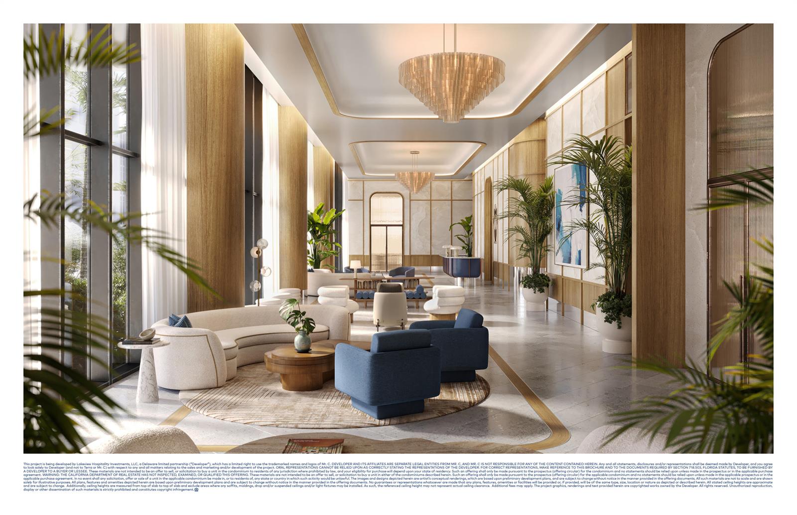 This architectural rendering shows a modern, luxury lobby with high ceilings, wood paneling, and furniture — 383 Okeechobee Boulevard # 1801, West Palm Beach FL 33401, WEST PALM BEACH, FL