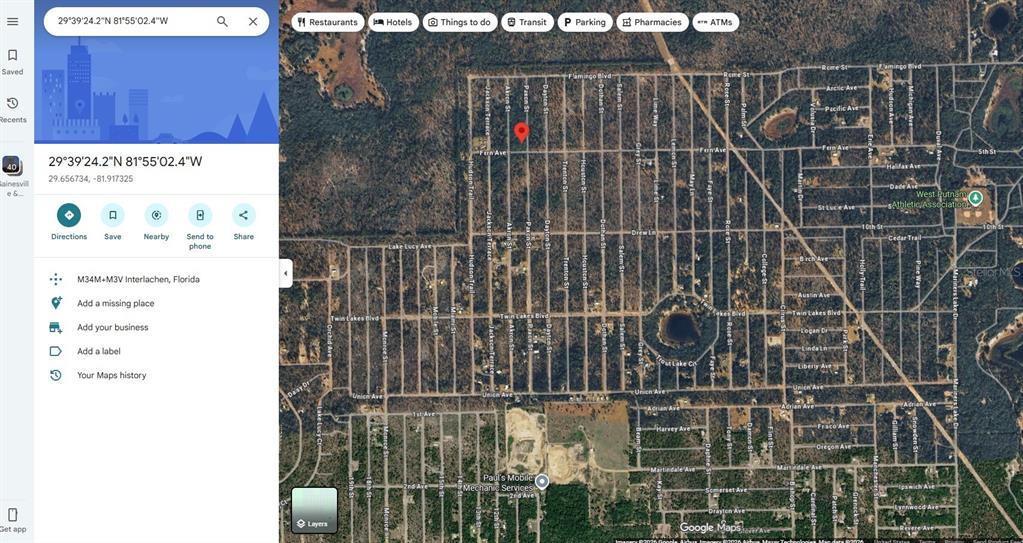 This is a satellite map view of a residential area in Interlachen, Florida — 1802 FERN AVENUE, INTERLACHEN, FL