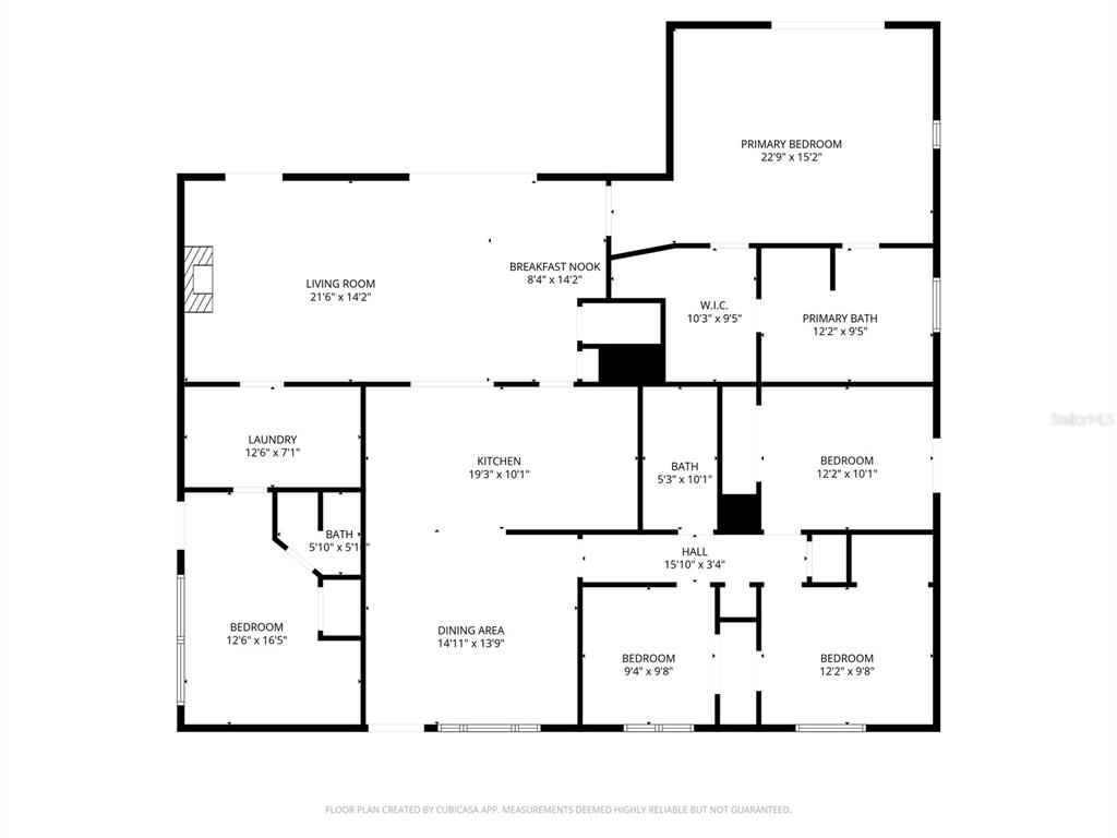 This is a floor plan showing a single-story home with five bedrooms and three bathrooms — 1307 BALTIMORE DRIVE, ORLANDO, FL