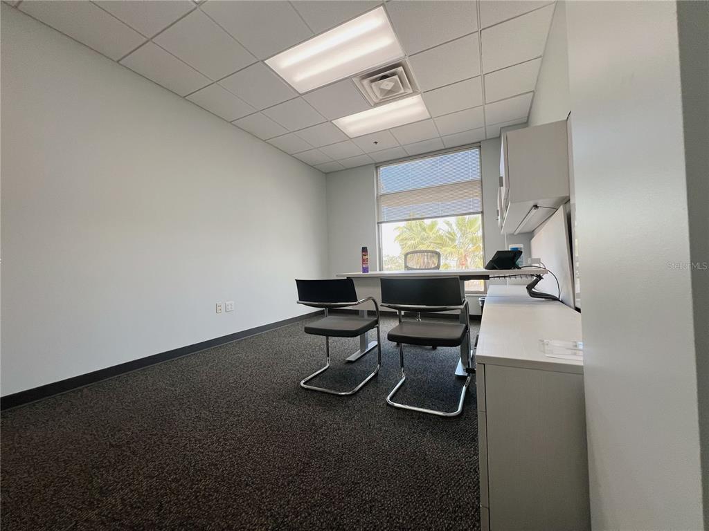 An office room features dark carpet, a desk with two chairs, and a large window — 800 CELEBRATION AVENUE UNIT 201-F, CELEBRATION, FL