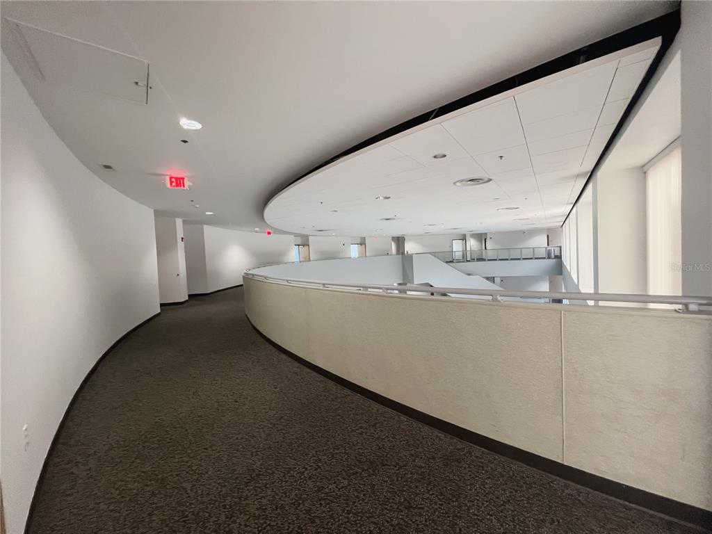 A curved carpeted hallway overlooks a lower level with a white railing and ceiling panels — 800 CELEBRATION AVENUE UNIT 201-F, CELEBRATION, FL