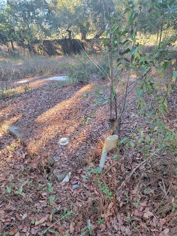 A wooded lot features a concrete slab foundation with a visible pipe and utility post — 107 LAKEVIEW WAY, INTERLACHEN, FL