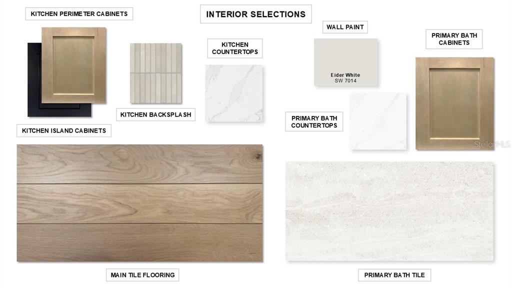 This image is a digital rendering showing interior design material samples for a home — 13099 CAMELOT LANE, PUNTA GORDA, FL