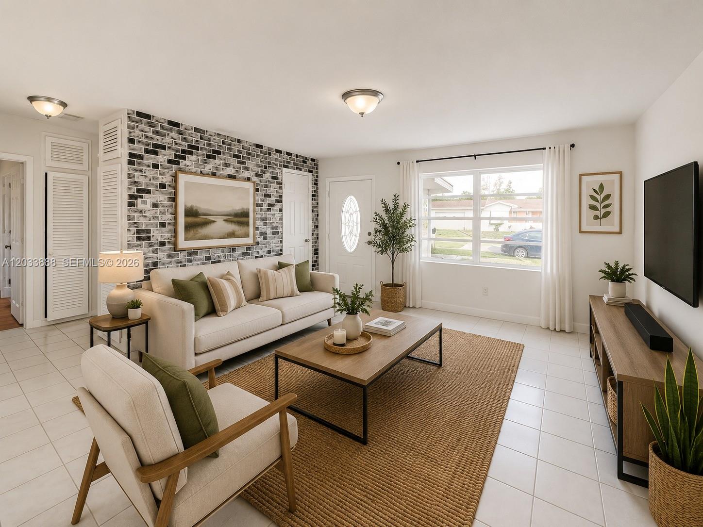 A living room features a white brick accent wall, neutral furniture, and a large area rug — 20500 NW 28th Ave # A, Miami Gardens FL 33056, MIAMI GARDENS, FL