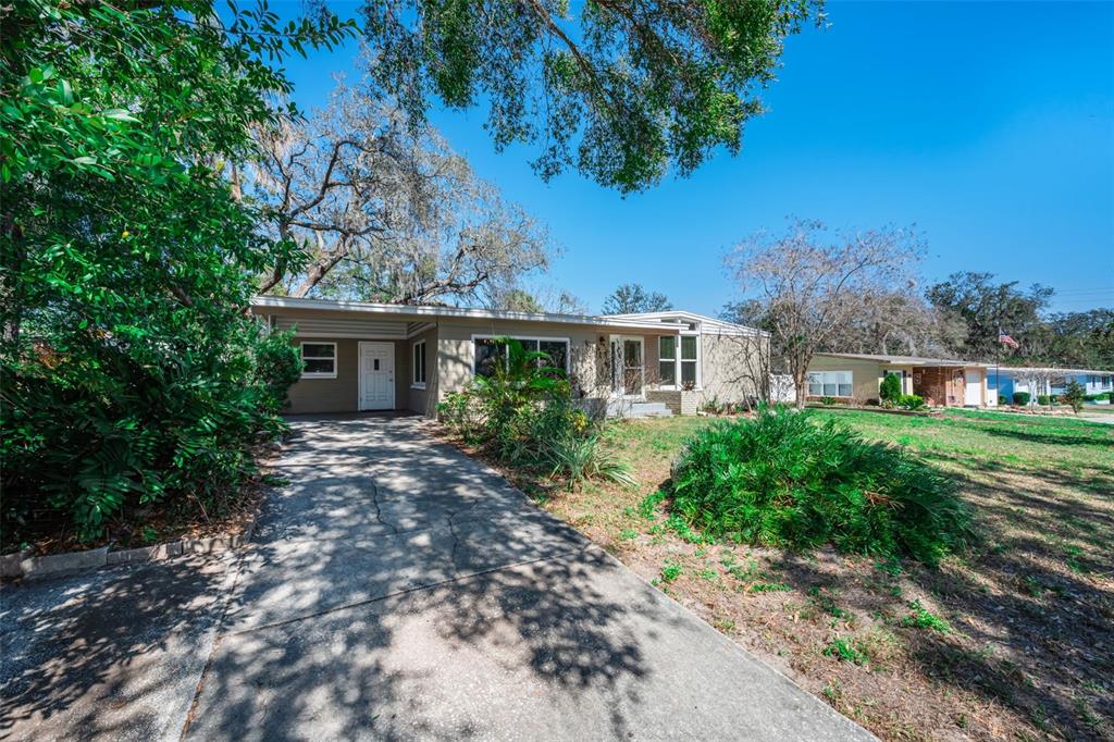 A single-story house with a concrete driveway, carport, and front yard under a clear sky — 206 LINDA AVENUE, TEMPLE TERRACE, FL