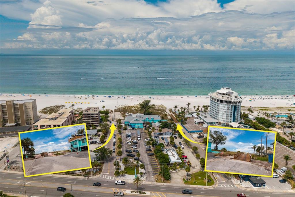 An aerial view shows a beachside property with two inset photos of wooden beach access paths — 216 PUNTA VISTA DRIVE, ST PETE BEACH, FL