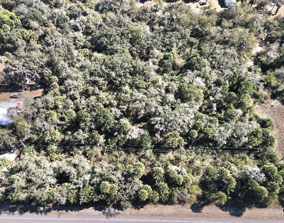 An aerial view shows a densely wooded lot bordering a paved road and power lines — 0 NE 308th Street, Okeechobee FL 34972, OKEECHOBEE, FL