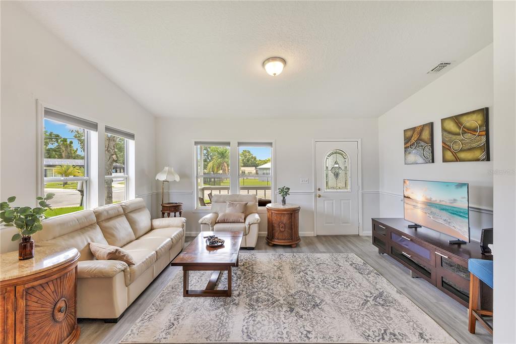 A living room with light-colored walls, a beige sofa, a patterned rug, and a television — 704 S CLYDE AVENUE, KISSIMMEE, FL