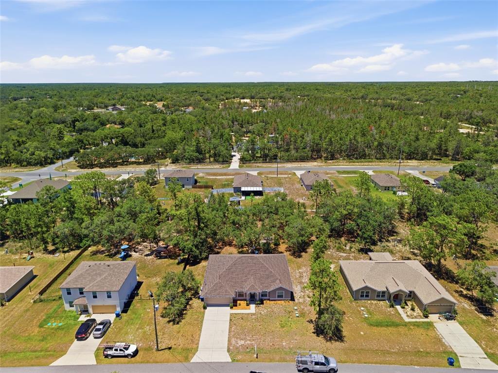 An aerial view shows three suburban houses with driveways surrounded by trees and a road — 12155 PEREGRINE FALCON AVENUE, WEEKI WACHEE, FL