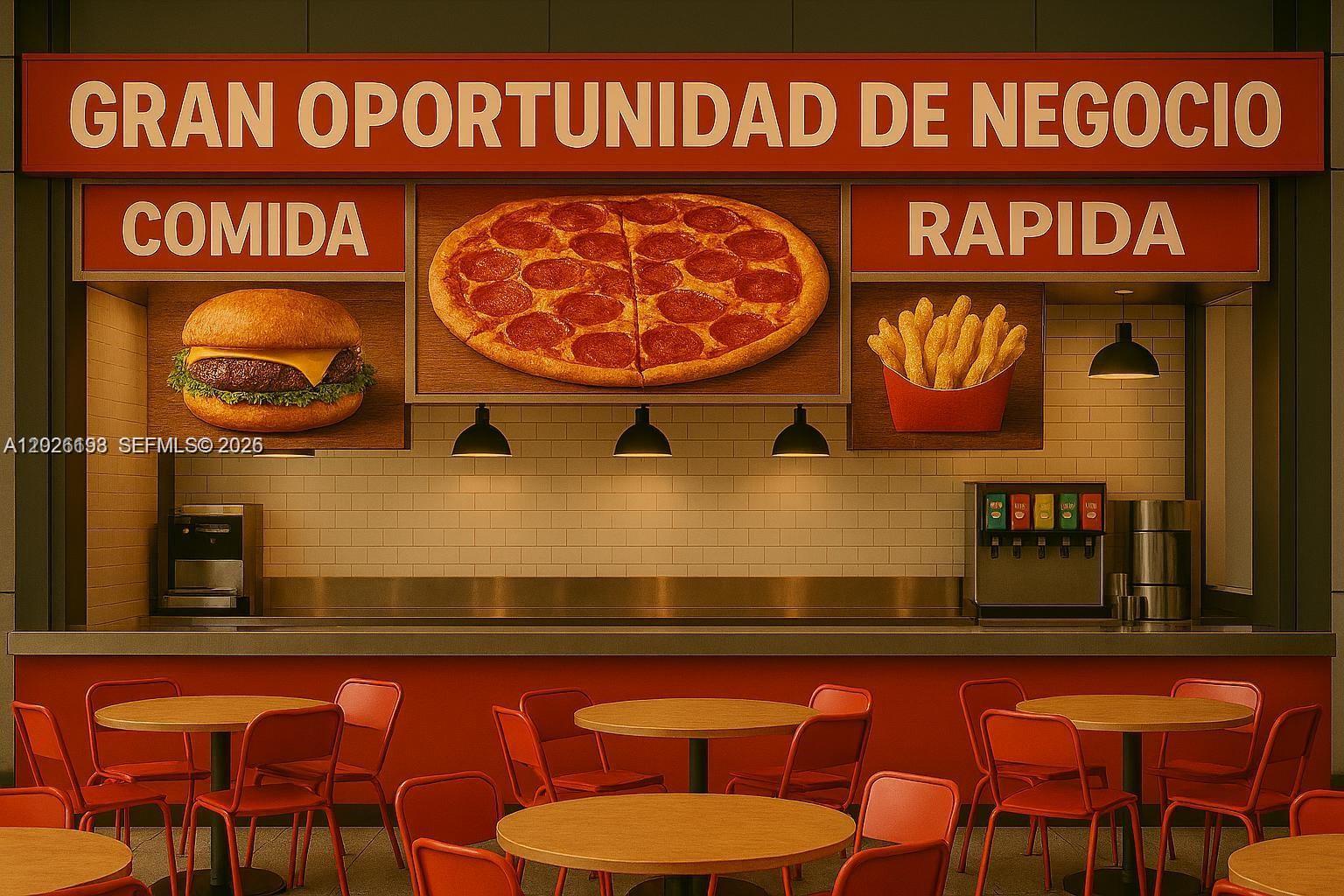 This is a rendering of a fast food restaurant interior with tables, chairs, and menu signage — southland, Cutler Bay FL 33189, CUTLER BAY, FL