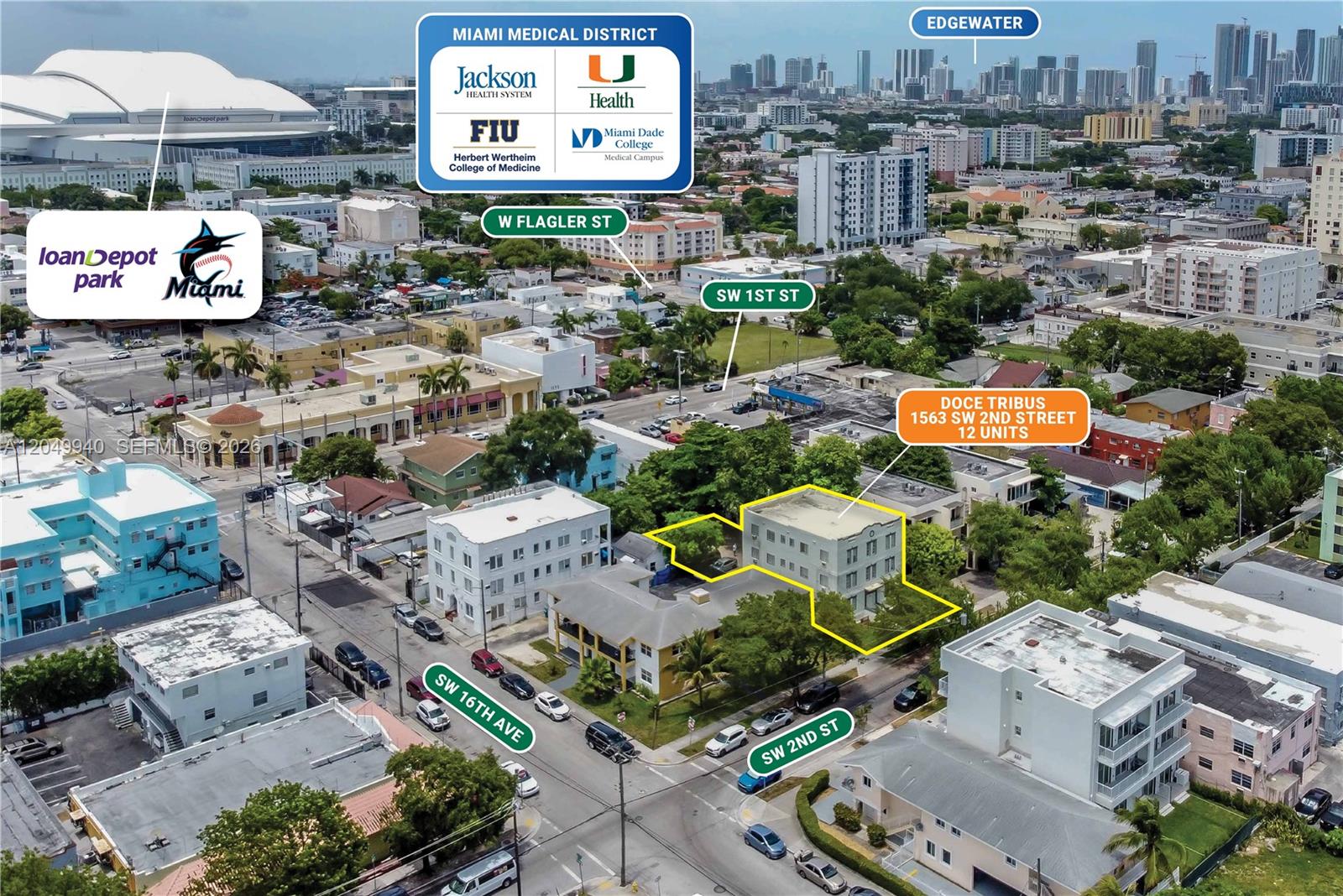 An aerial view shows a multi-unit apartment building highlighted in yellow within a city neighborhood — 1563 SW 2nd St, Miami FL 33135, MIAMI, FL