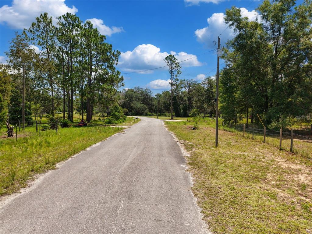 A paved road stretches through a rural landscape with trees, utility poles, and grassy fields — 54 NE 841ST AVENUE, OLD TOWN, FL