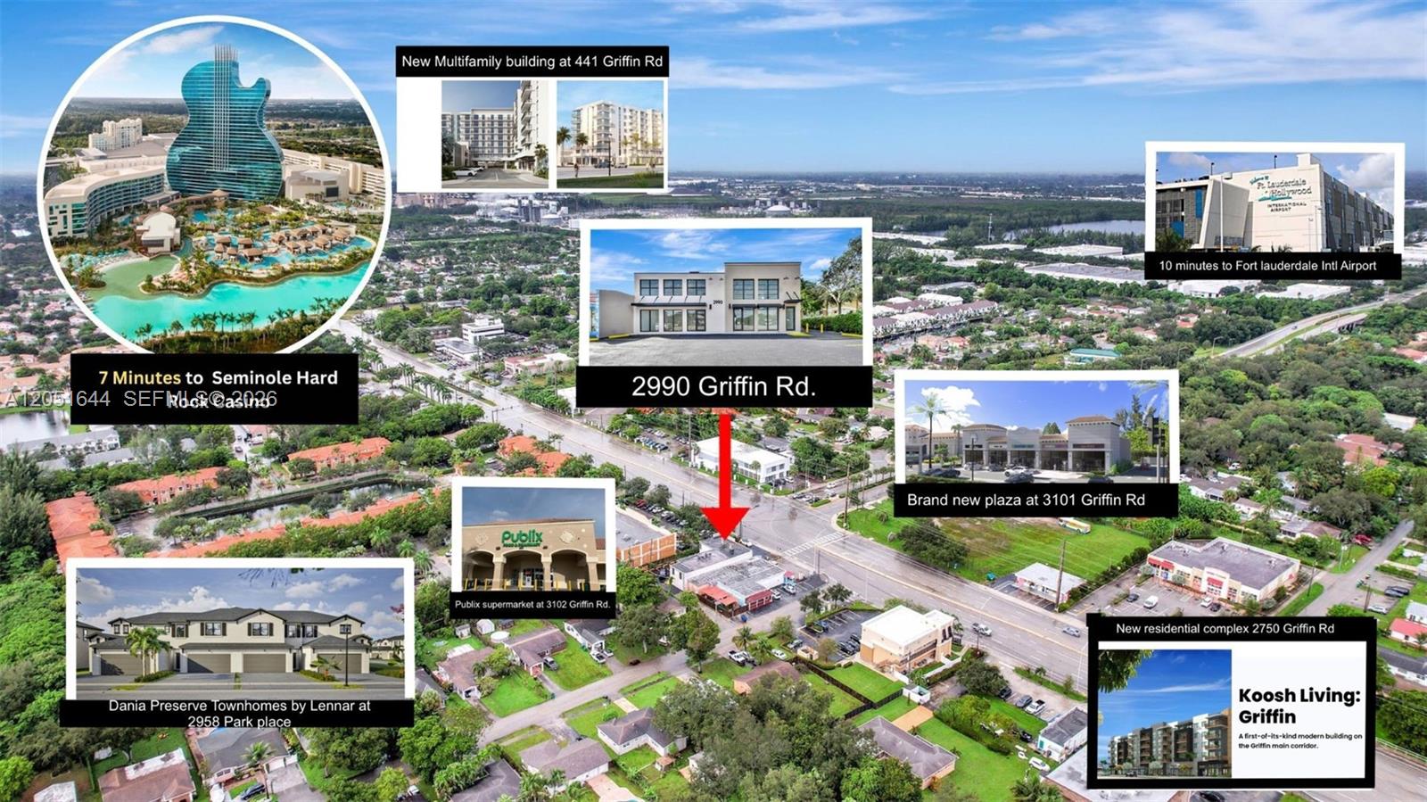 This aerial map shows a commercial property location surrounded by nearby businesses and residential developments — 2990 Griffin Rd, Dania Beach FL 33312, DANIA BEACH, FL