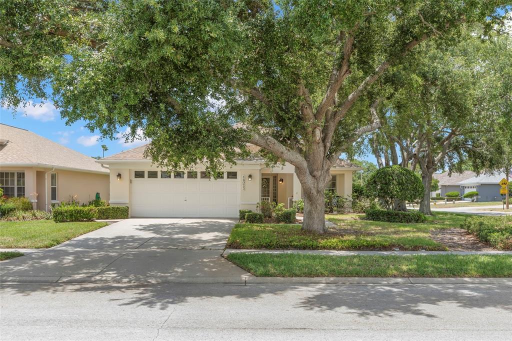 A single-story house with a two-car garage and a large oak tree in the yard — 14023 SHOAL DRIVE, HUDSON, FL