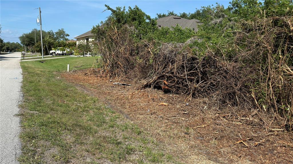 A roadside view shows a grassy shoulder next to a large pile of brush and vegetation — 7432 MEMORIAL DRIVE, PORT CHARLOTTE, FL