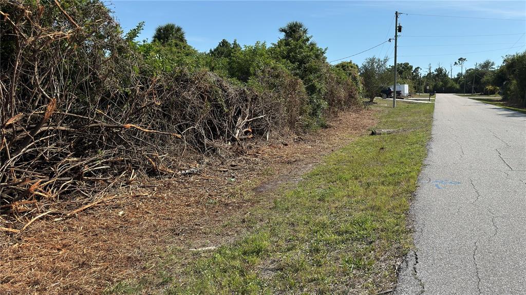 A vacant, overgrown lot sits alongside a paved residential street under a clear blue sky — 7432 MEMORIAL DRIVE, PORT CHARLOTTE, FL