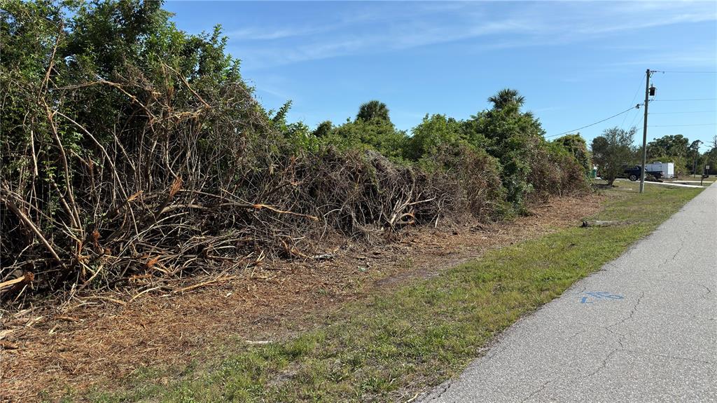 A vacant, overgrown lot sits beside a paved road under a clear blue sky — 7432 MEMORIAL DRIVE, PORT CHARLOTTE, FL
