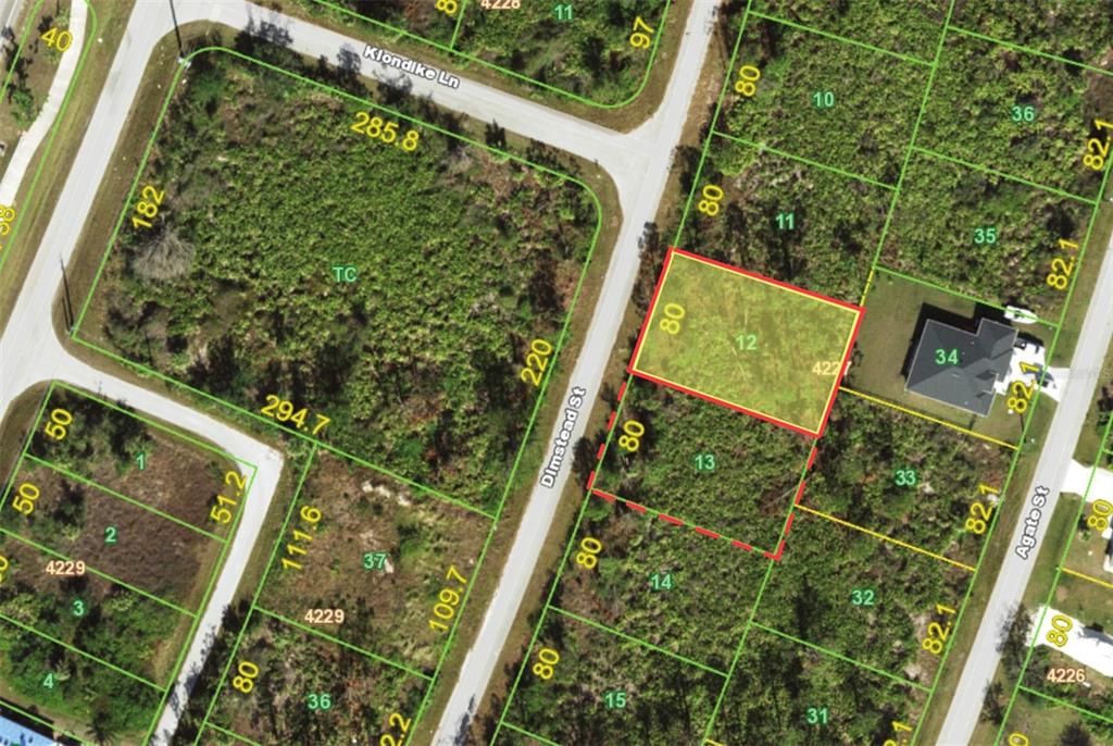 This is an aerial map showing a vacant residential lot highlighted in red — 8218 DIMSTEAD STREET, PORT CHARLOTTE, FL
