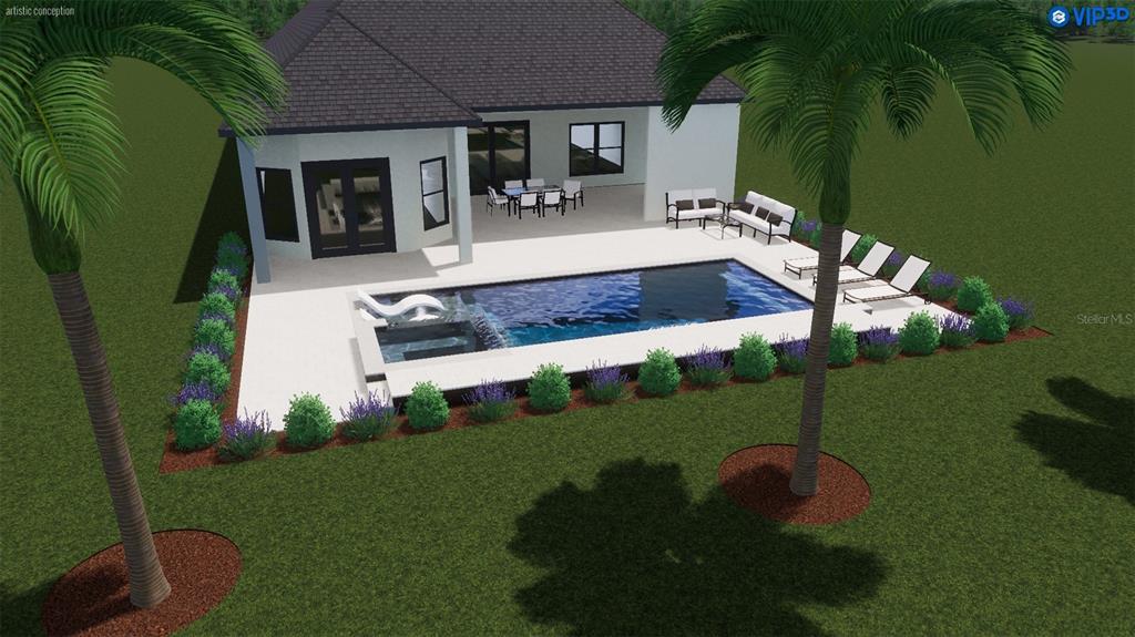 A 3D rendering shows a house exterior with a rectangular pool, patio, and palm trees — 185 S RIVERWALK DRIVE, PALM COAST, FL