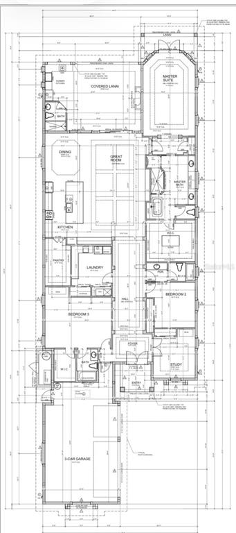 This is a floor plan for a single-story house featuring a three-car garage and lanai — 185 S RIVERWALK DRIVE, PALM COAST, FL