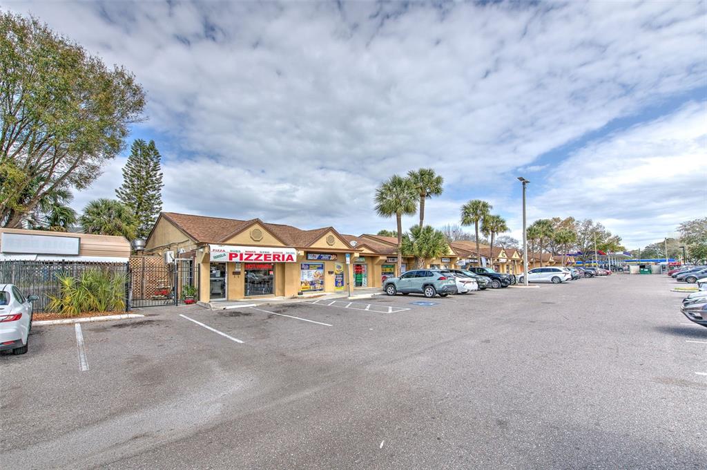 A single-story commercial strip mall with a pizzeria and parking lot under a cloudy sky — 1402 E FLETCHER AVENUE UNIT 1406, TAMPA, FL