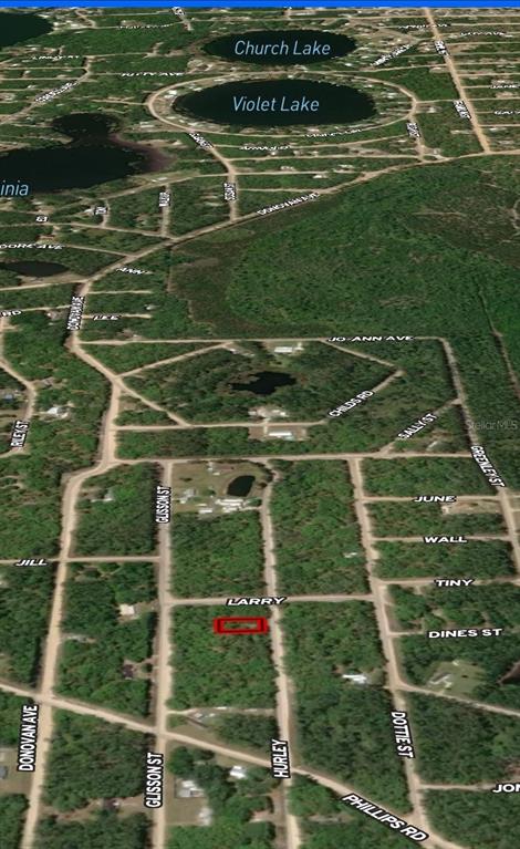 An aerial map view shows a rectangular property lot highlighted in red within a neighborhood — LOT 2 HURLEY STREET, INTERLACHEN, FL