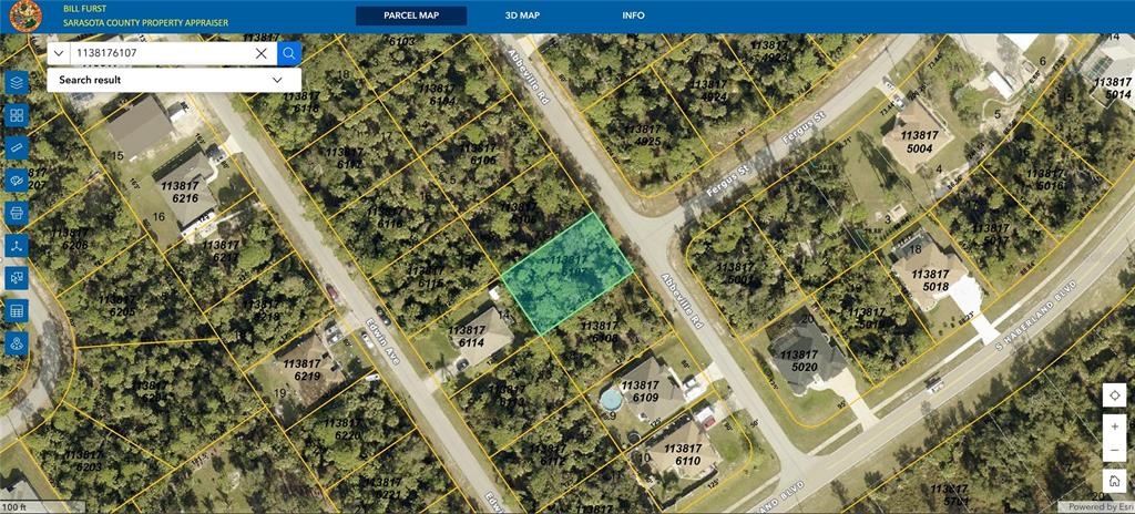 This is a satellite map showing a highlighted vacant residential parcel in a wooded area — Lot 7 ABBEVILLE ROAD, NORTH PORT, FL