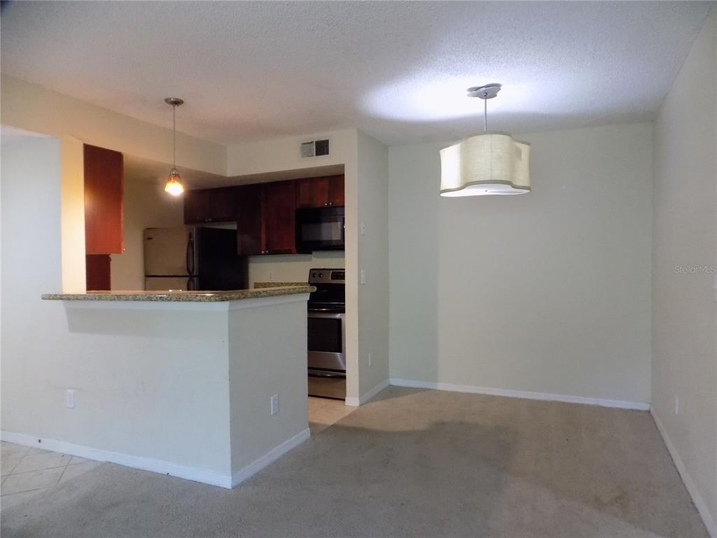 A kitchen with dark cabinets and a breakfast bar opens into a carpeted dining area — 5116 CONROY ROAD UNIT 16, ORLANDO, FL