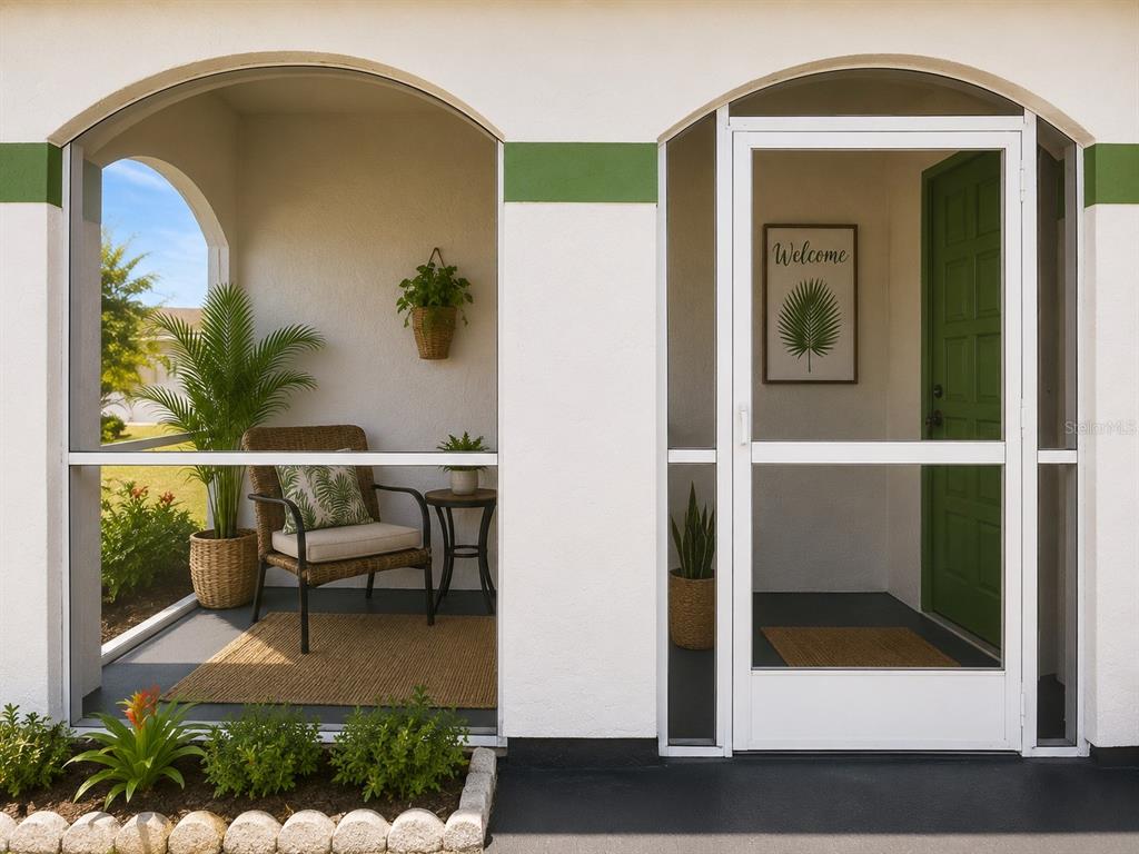 A screened-in porch features a wicker chair, potted plants, and a green front door — 8181 MARLOW COURT, NORTH PORT, FL