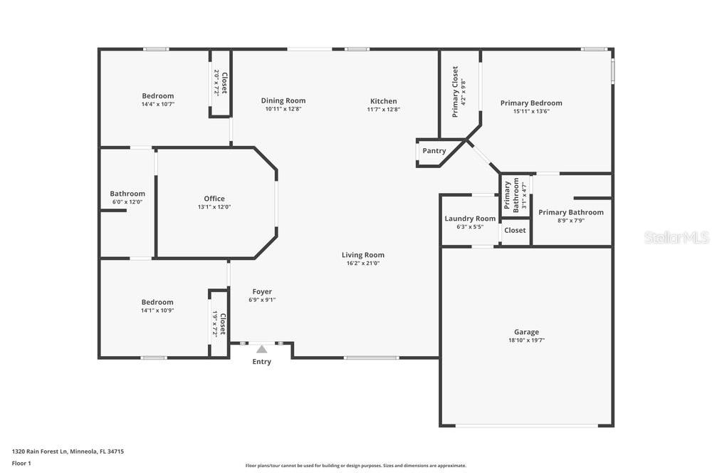 This is a floor plan for a single-story house with three bedrooms and a garage — 1320 RAIN FOREST LANE, MINNEOLA, FL