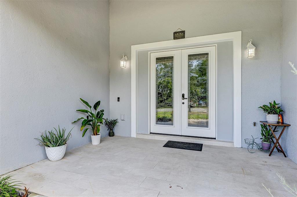 A covered entryway features double glass-paneled doors, light gray walls, and several potted plants — 4501 SW 145TH PLACE ROAD, OCALA, FL