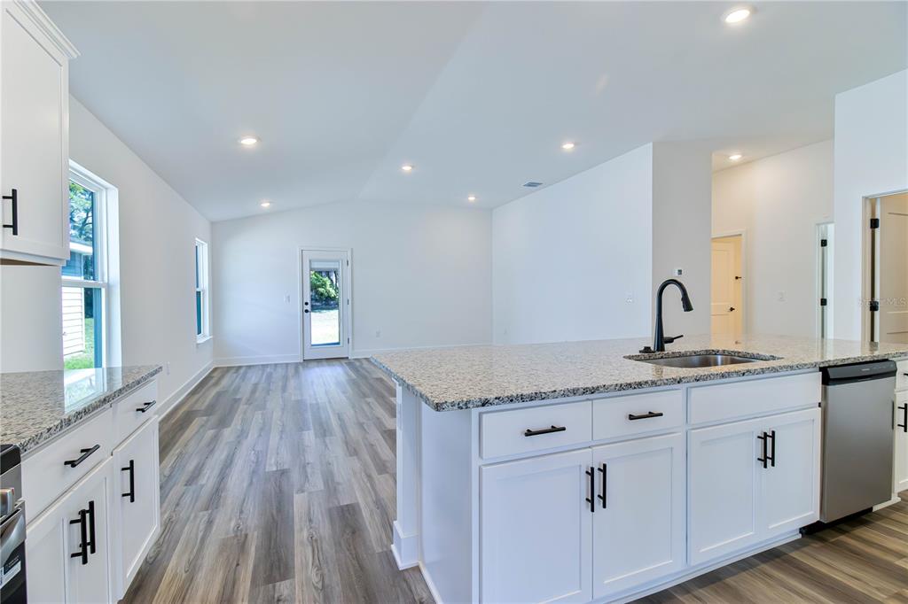A modern kitchen features white cabinets, granite countertops, a center island, and wood-look flooring — 16865 NW 176TH WAY, ALACHUA, FL