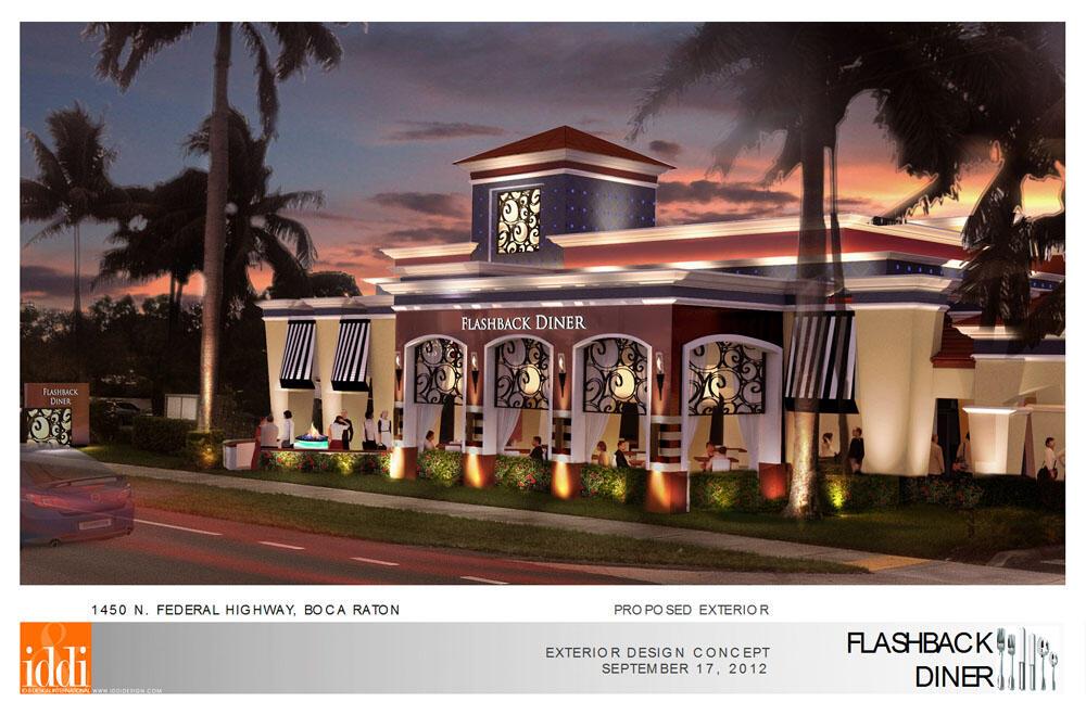 This is a digital architectural rendering of a restaurant exterior with decorative metal screens — 1450 N Federal Highway, Boca Raton FL 33432, BOCA RATON, FL