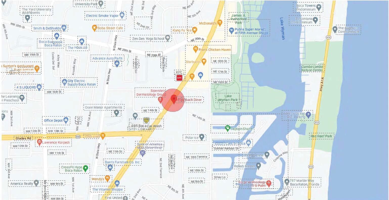 This is a map showing the streets and landmarks in a section of Boca Raton — 1450 N Federal Highway, Boca Raton FL 33432, BOCA RATON, FL