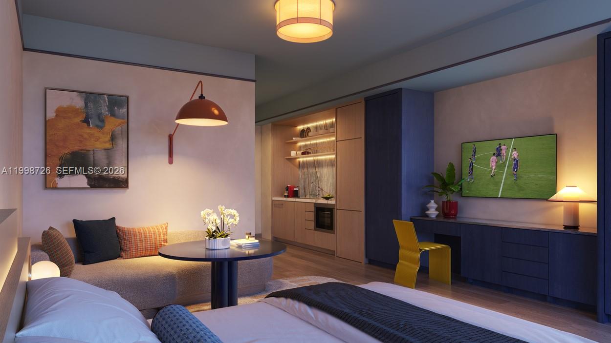 This is a rendering of a modern studio apartment with a kitchenette, sofa, and bed — 335 NW 28th St # 305, Miami FL 33127, MIAMI, FL