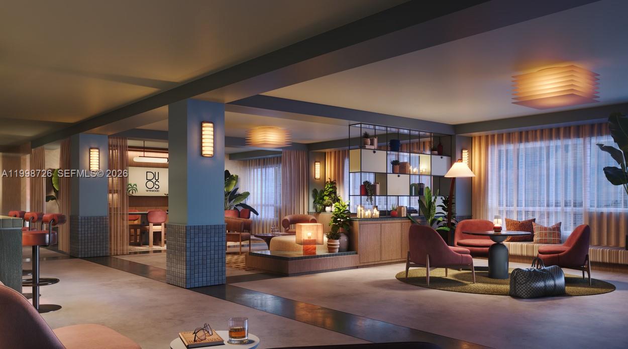 This rendering shows a modern, open-concept lounge area with plush seating, ambient lighting, and shelving — 335 NW 28th St # 305, Miami FL 33127, MIAMI, FL