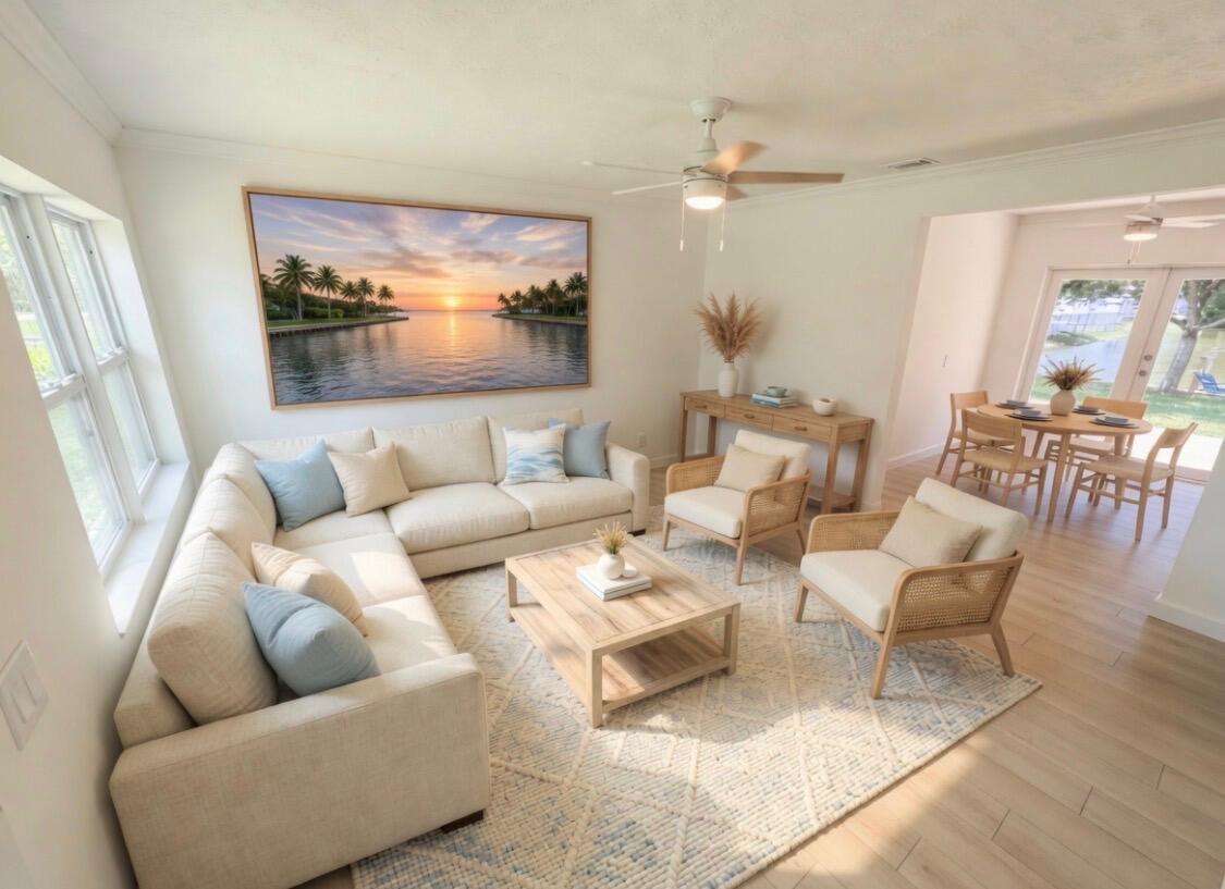 This is a rendering of a bright living room featuring a sectional sofa and dining area — 1417 Willow Road, West Palm Beach FL 33406, WEST PALM BEACH, FL