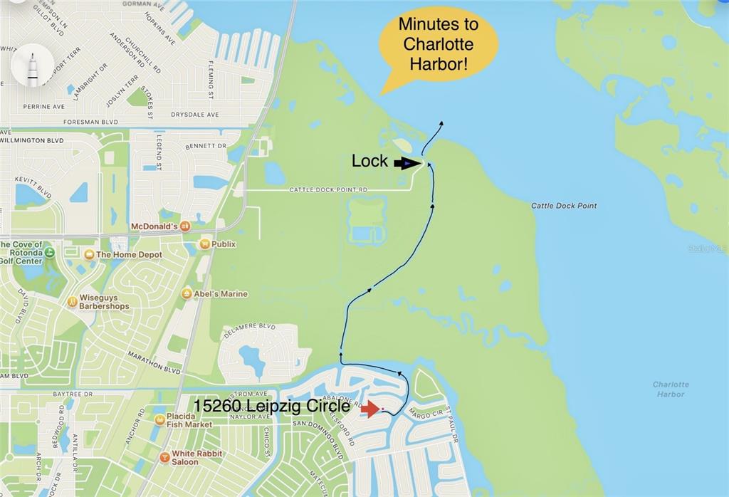 This is a map showing the location of a property relative to Charlotte Harbor — 15260 LEIPZIG CIRCLE, PORT CHARLOTTE, FL