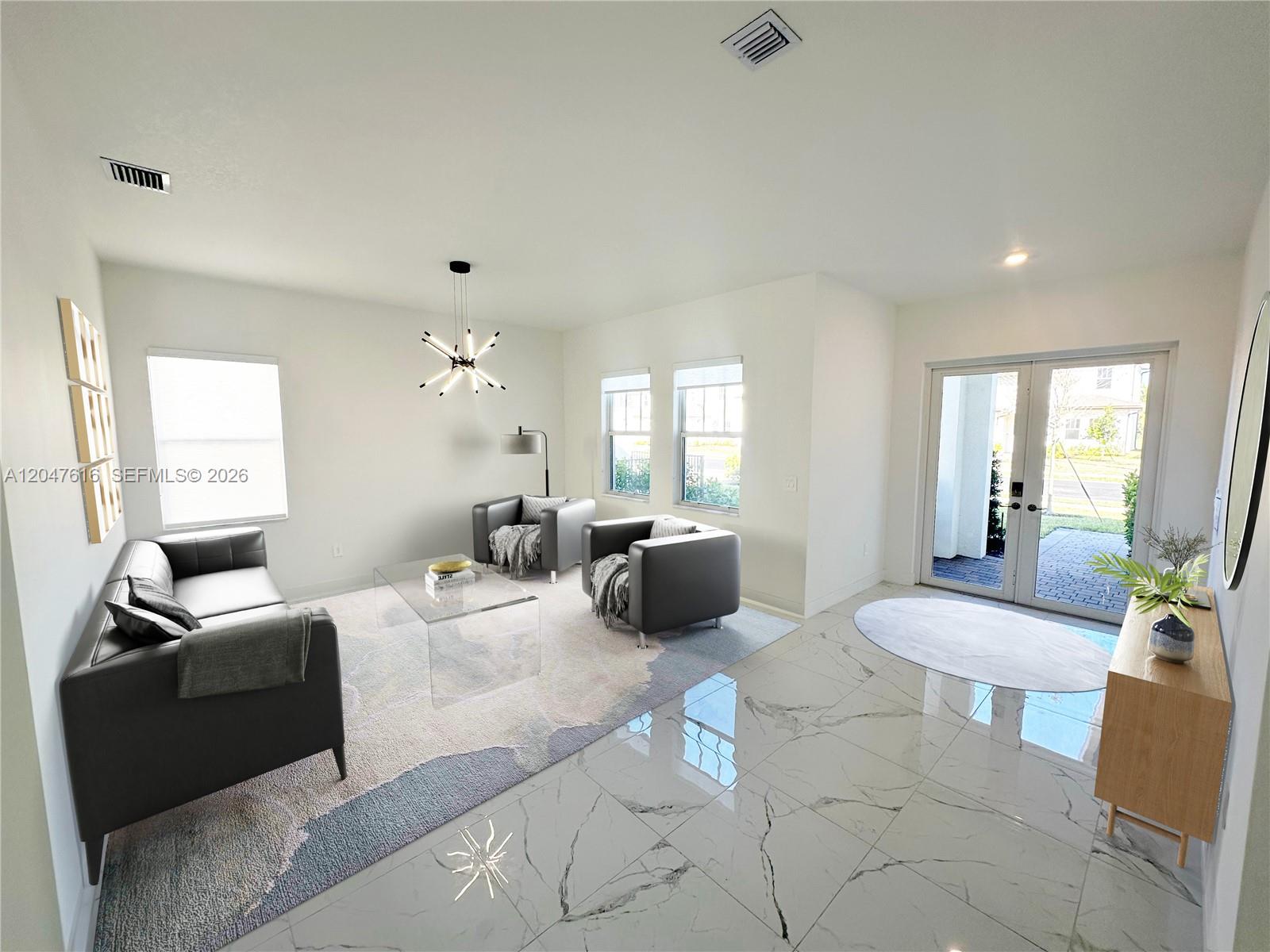 A modern living room features white walls, marble-look tile floors, and a glass-topped coffee table — 4255 SW 123rd Ter, Davie FL 33330, DAVIE, FL