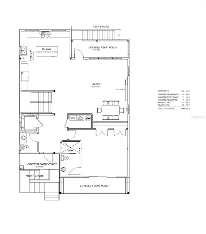 This is a floor plan for a second-floor residential layout featuring a kitchen, living area, and porches — 4111 ARKANSAS AVENUE NE, ST PETERSBURG, FL