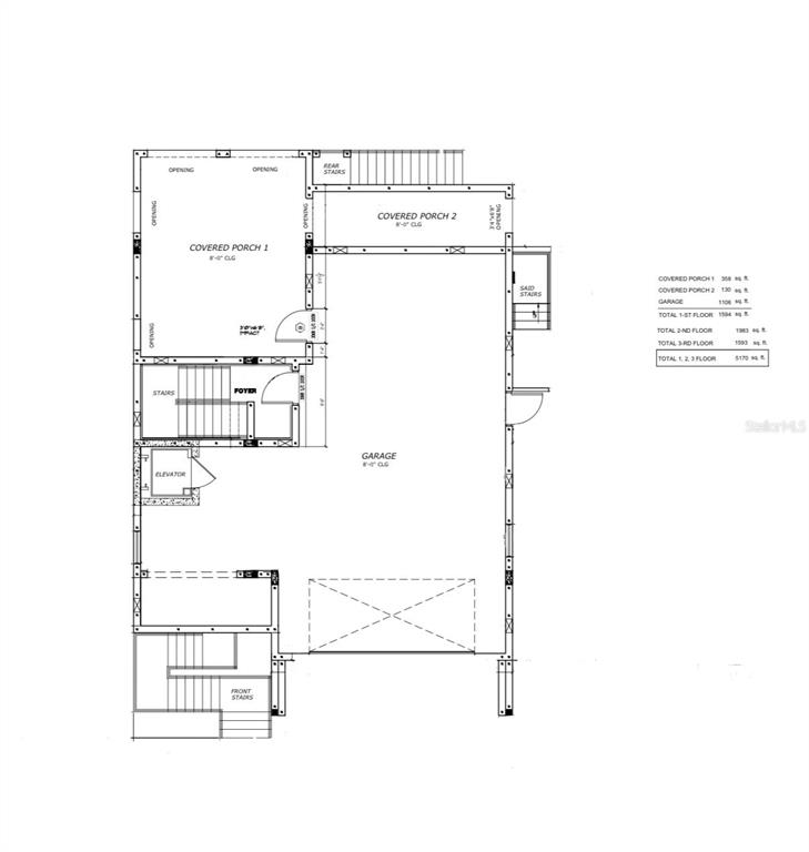 This is a floor plan showing a garage, foyer, elevator, and two covered porches — 4111 ARKANSAS AVENUE NE, ST PETERSBURG, FL