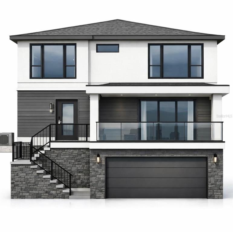 A digital rendering of a two-story modern house featuring a stone base and attached garage — 4111 ARKANSAS AVENUE NE, ST PETERSBURG, FL