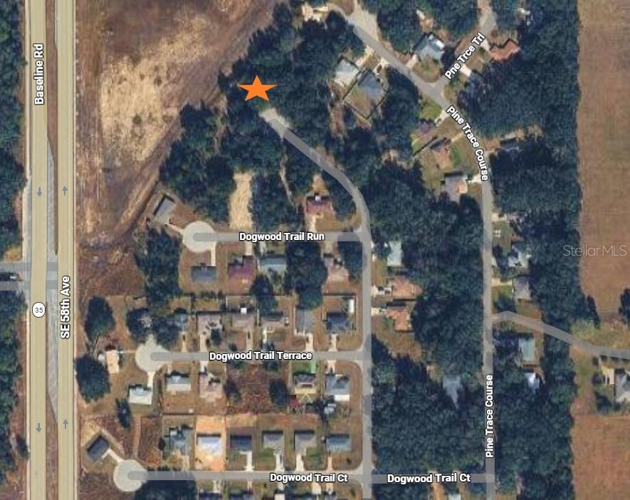 This is an aerial map showing a residential neighborhood with a highlighted lot — DOGWOOD TRAIL, OCALA, FL