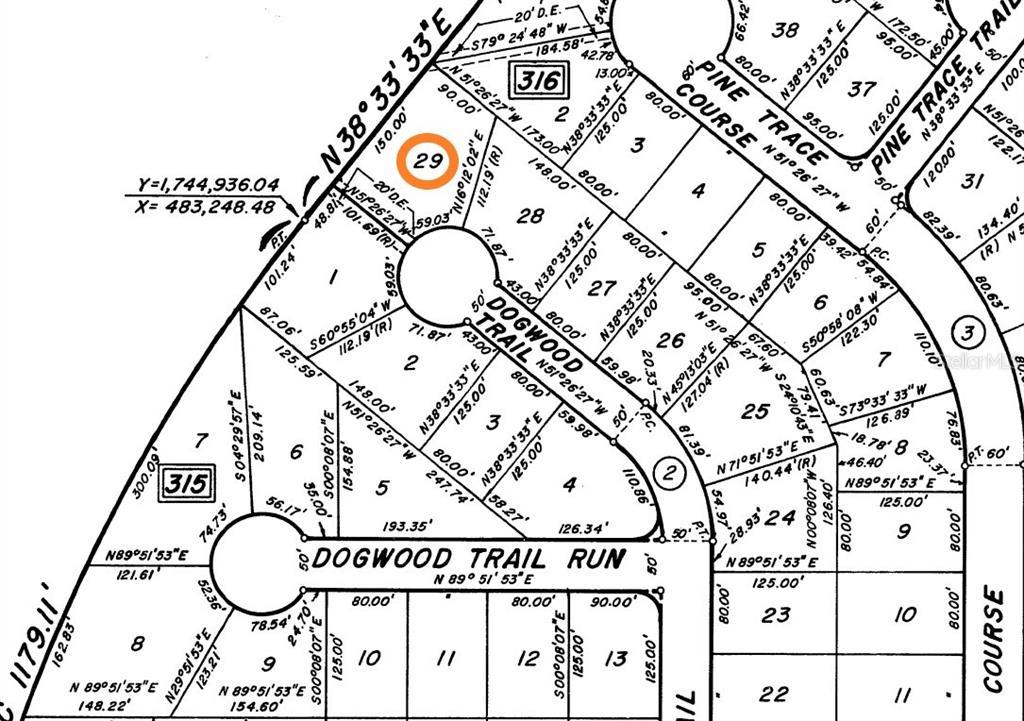 This image is a land survey map showing property lot boundaries and street names — DOGWOOD TRAIL, OCALA, FL