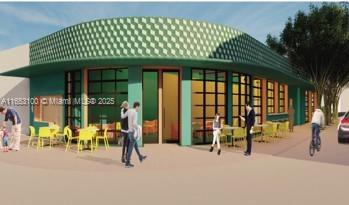 This is a rendering of a modern commercial building exterior with outdoor seating and green accents — 940 71st St, Miami Beach FL 33141, MIAMI BEACH, FL