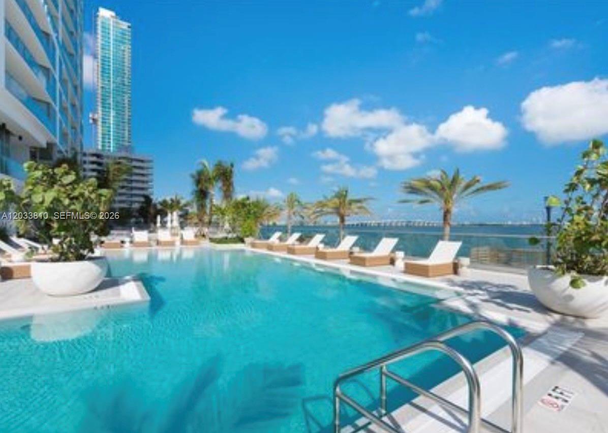 A swimming pool with lounge chairs overlooks a bay and a tall building — 2900 NE 7th Ave # 2908, Miami FL 33137, MIAMI, FL