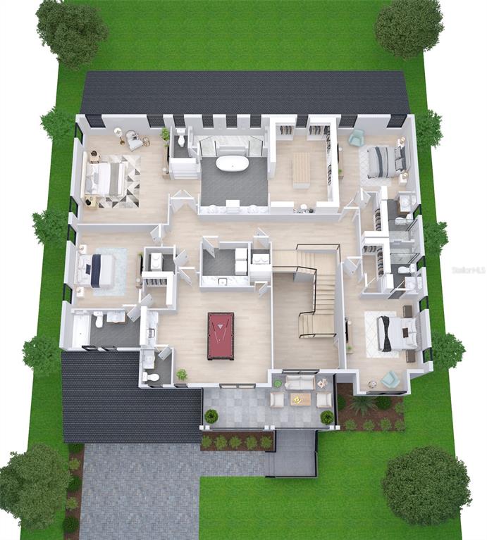 This is a 3D floor plan of a multi-bedroom residential home with a central staircase — 618 LUZON AVENUE, TAMPA, FL